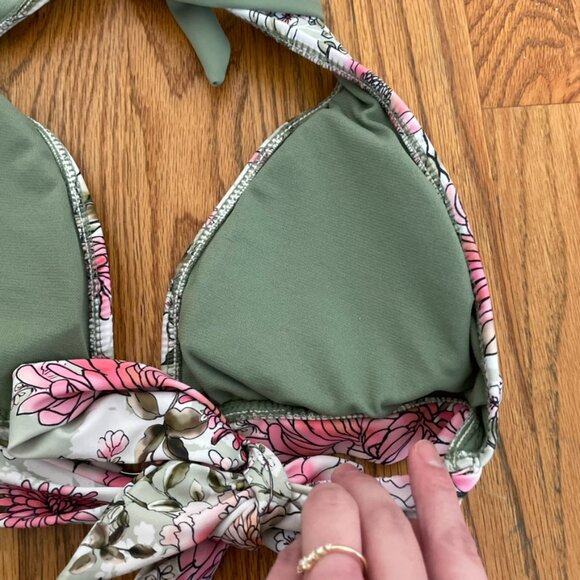 NEW NWT MOSSIMO Ring Halter Triangle Bikini Top Green Pink White Floral JRS ? XL - Picture 13 of 14